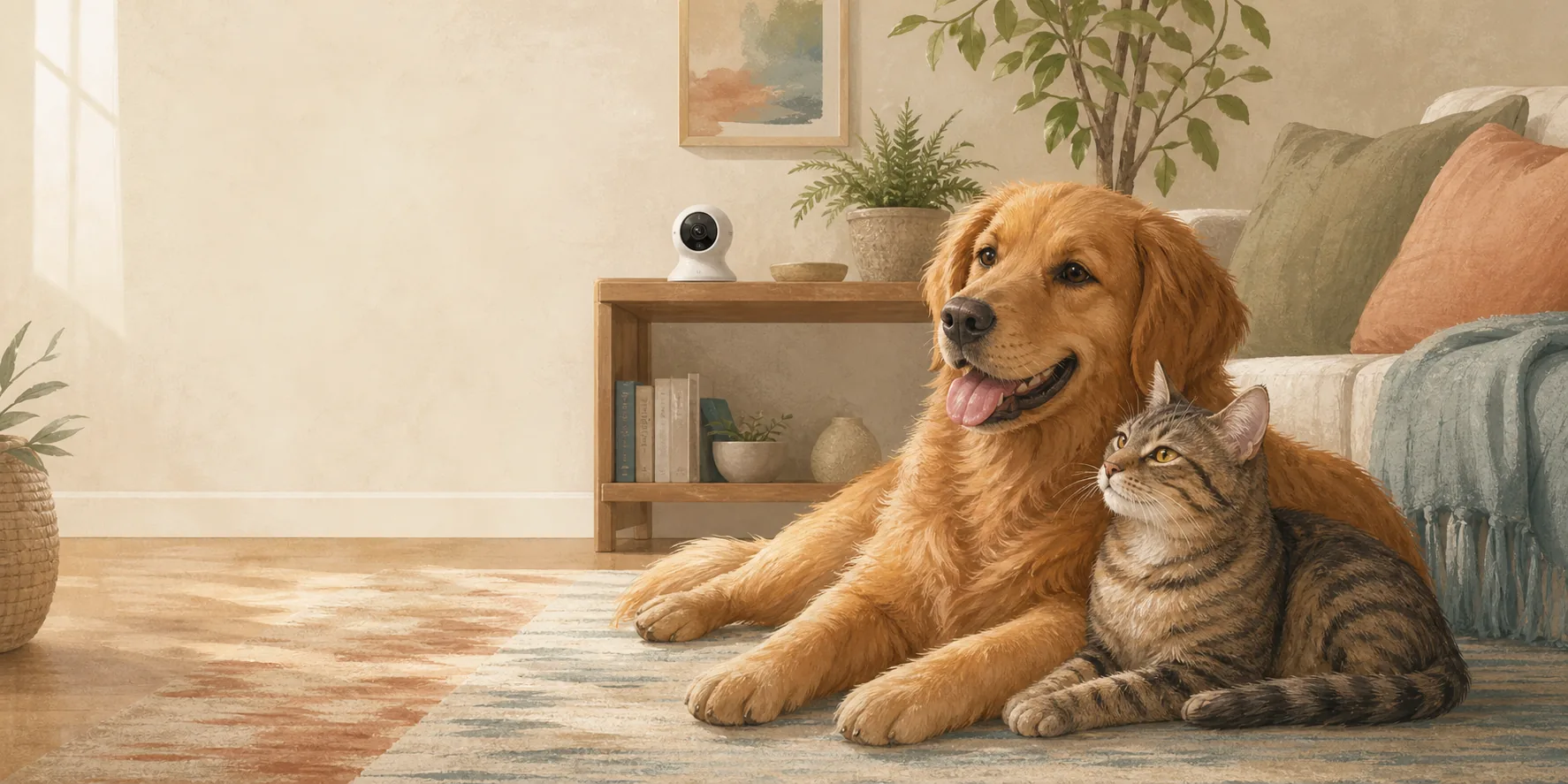 Illustration of a relaxed dog and cat at home near a small indoor camera