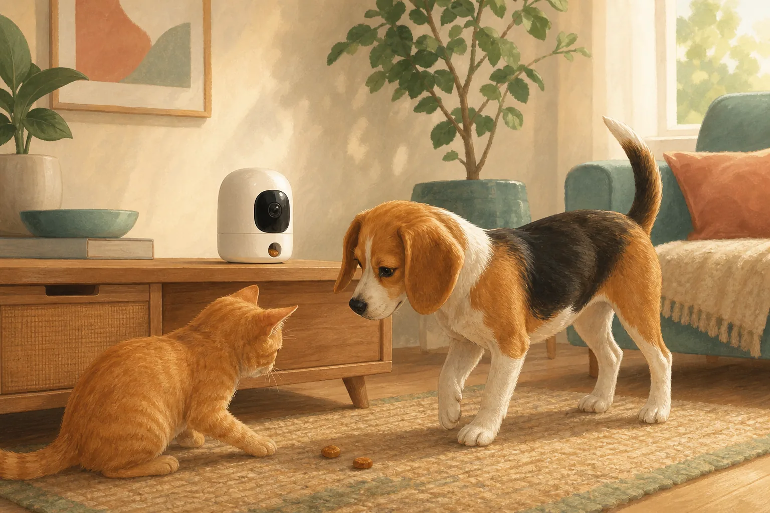 Illustration of a beagle and orange cat exploring a pet camera and treats